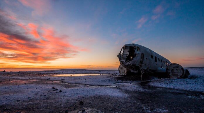 DC-3 plane wreck at Solheimasandur beach at the sun setting